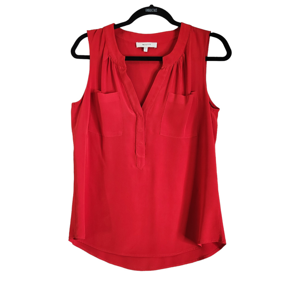 Milly Womens Top Blouse Size 2 Solid Red Sleeveless 100% Silk Sleeveless